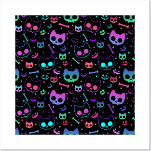 Neon cat skull bones Halloween pattern Posters and Art